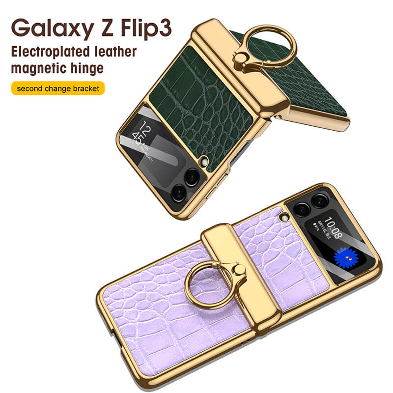 Electroplated Leather Magnetic Hinge Ring Holder Case For Samsung Galaxy Z Flip3 Flip4 - GiftJupiter