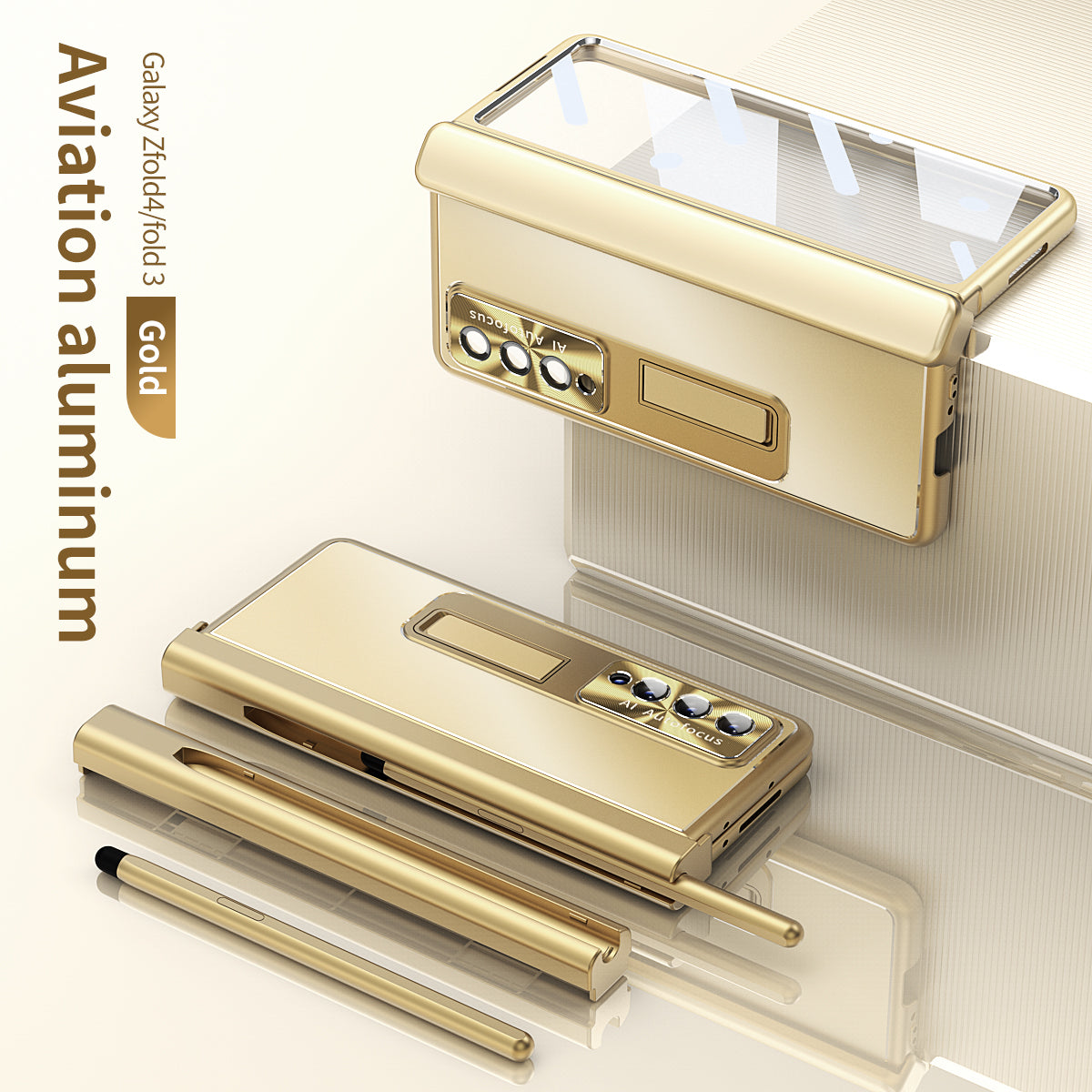 Fold4 Fold3 All-inclusive Aluminum Alloy Double-Hinge Electroplated Frame Case With Stylus - GiftJupiter