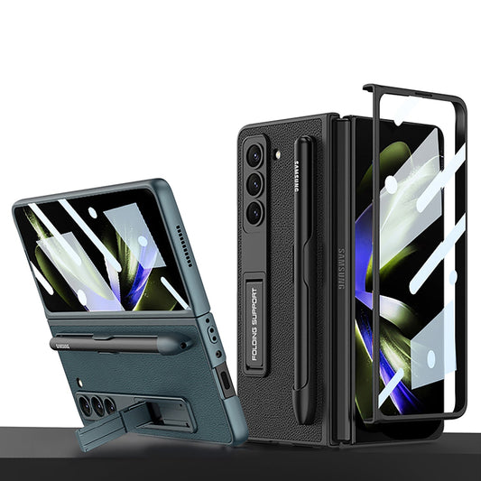 Slim Leather Samsung Galaxy Z Fold 5 Case with Front Screen Tempered Glass Protector & Pen Slot & Stylus - mycasety2023 Mycasety