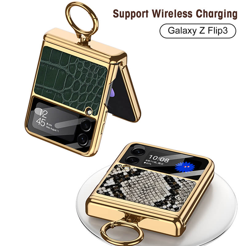 Electroplated Leather Magnetic Hinge Ring Holder Case For Samsung Galaxy Z Flip3 Flip4 - GiftJupiter