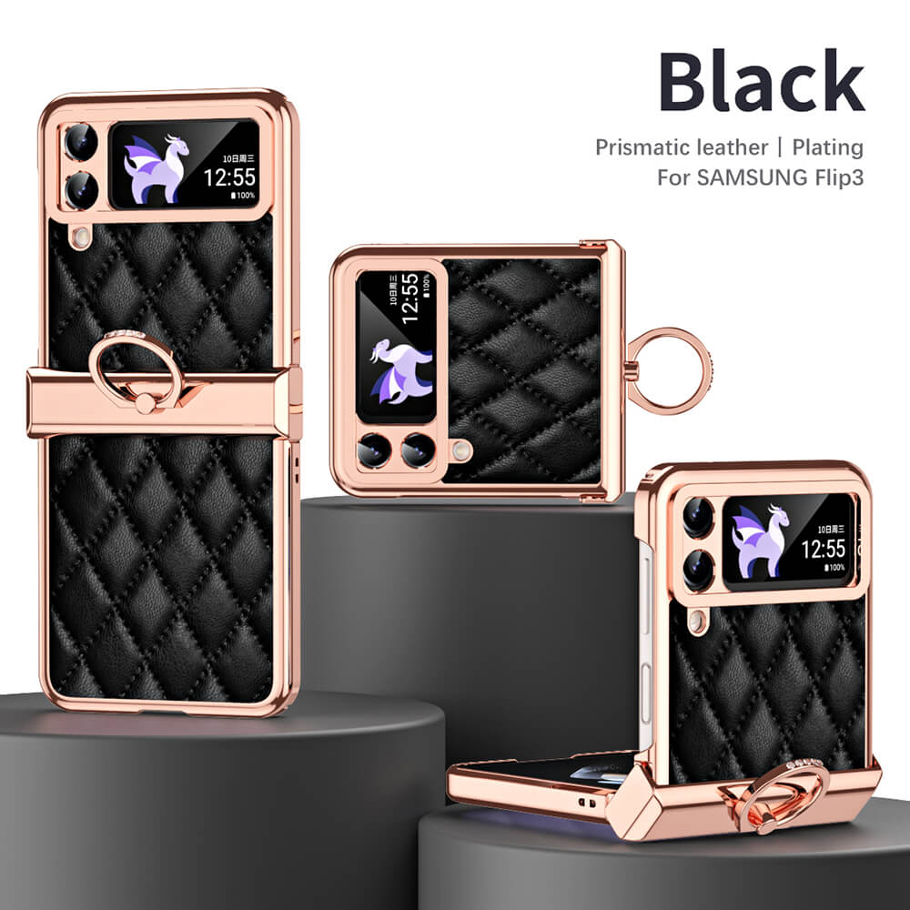 Leather Plated Diamond Hinge Ring Case for Samsung Galaxy Z Flip4 Flip3 - GiftJupiter