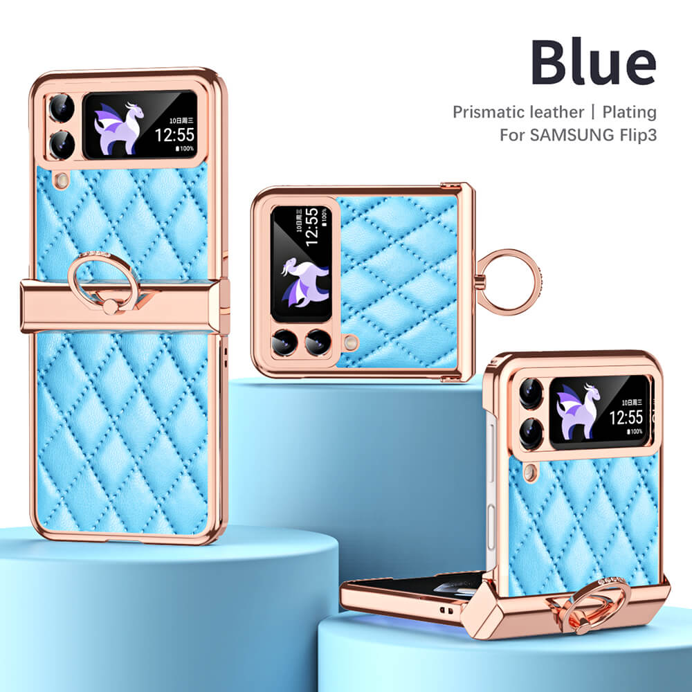 Leather Plated Diamond Hinge Ring Case for Samsung Galaxy Z Flip4 Flip3 - GiftJupiter