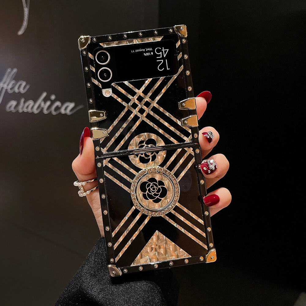Luxury Brand Black Rose Flower Stripe Glitter Gold Lanyard for Samsung Galaxy Z Flip4 Flip3 - GiftJupiter