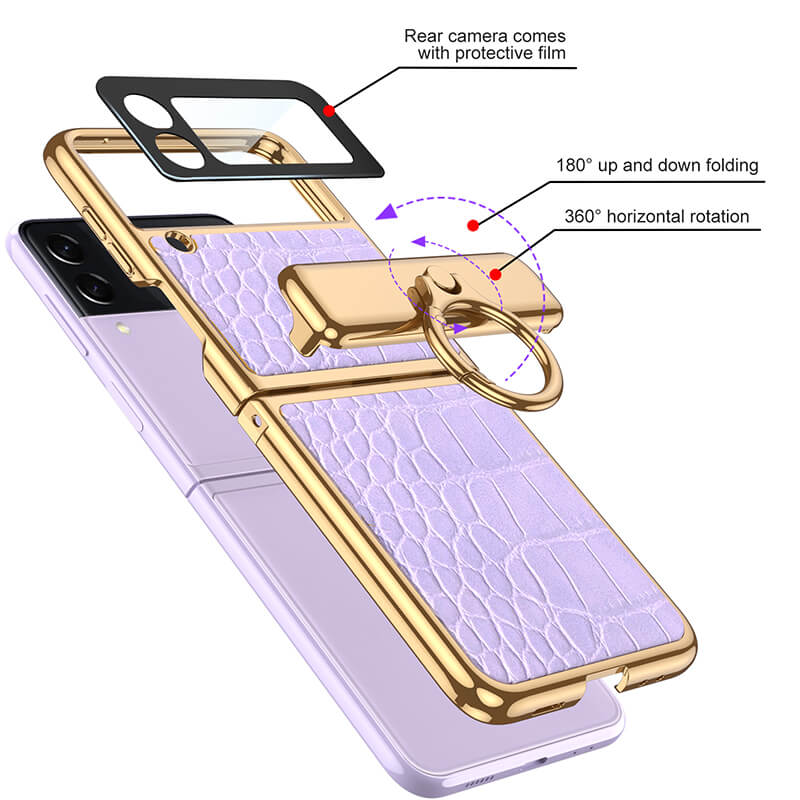 Electroplated Leather Magnetic Hinge Ring Holder Case For Samsung Galaxy Z Flip3 Flip4 - GiftJupiter