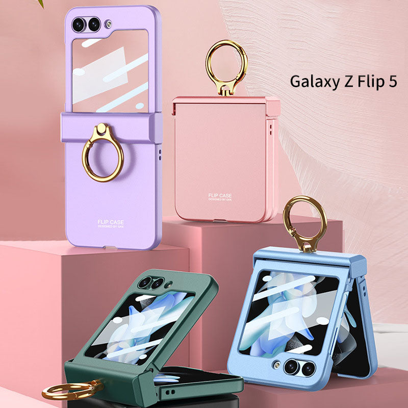 Electroplated hinge all-inclusive Case with Ring Front Screen Tempered Glass Protective Film For Samsung Galaxy Z Flip5 - mycasety2023 Mycasety