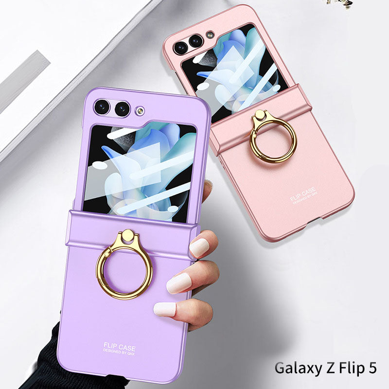 Electroplated hinge all-inclusive Case with Ring Front Screen Tempered Glass Protective Film For Samsung Galaxy Z Flip5 - mycasety2023 Mycasety