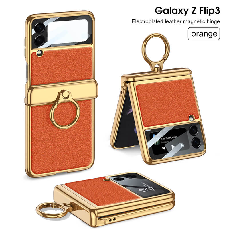 Electroplated Leather Magnetic Hinge Ring Holder Case For Samsung Galaxy Z Flip3 Flip4 - GiftJupiter