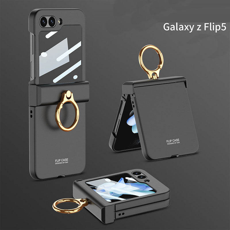 Electroplated hinge all-inclusive Case with Ring Front Screen Tempered Glass Protective Film For Samsung Galaxy Z Flip5 - mycasety2023 Mycasety