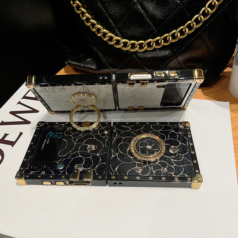Luxury Brand Camellia Gold Plating Square Case For Samsung Galaxy Z Flip4 Flip3 5G - GiftJupiter