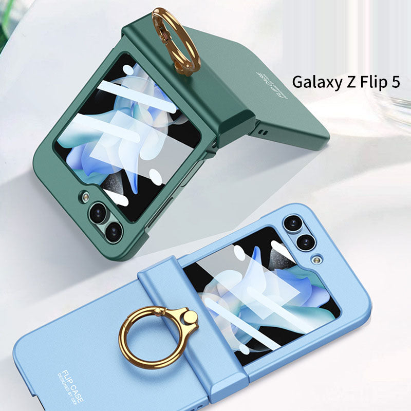 Electroplated hinge all-inclusive Case with Ring Front Screen Tempered Glass Protective Film For Samsung Galaxy Z Flip5 - mycasety2023 Mycasety