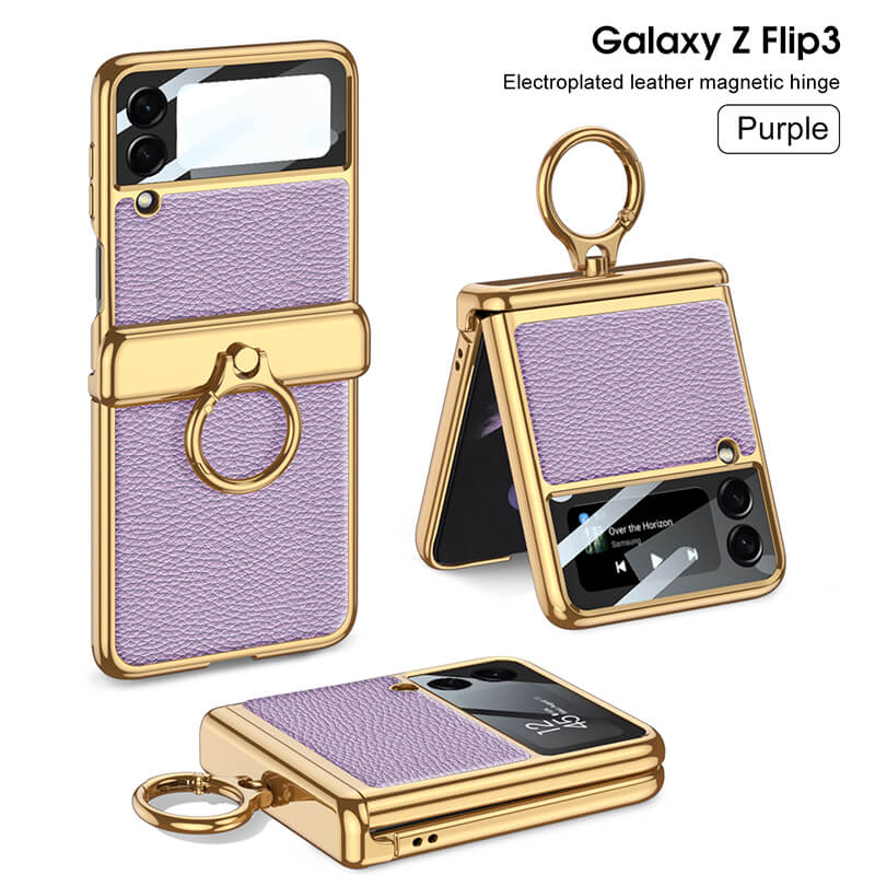 Electroplated Leather Magnetic Hinge Ring Holder Case For Samsung Galaxy Z Flip3 Flip4 - GiftJupiter