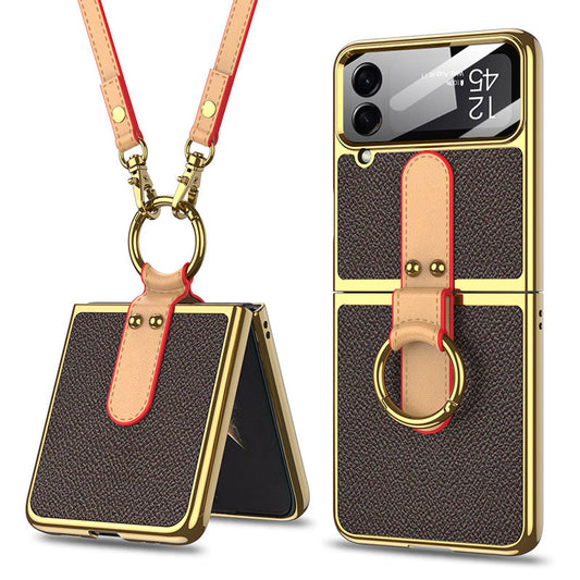 Luxury Leather Back Screen Tempered Glass Hard Frame Cover For Samsung Z Flip4 Flip3 5G With Lanyard - GiftJupiter