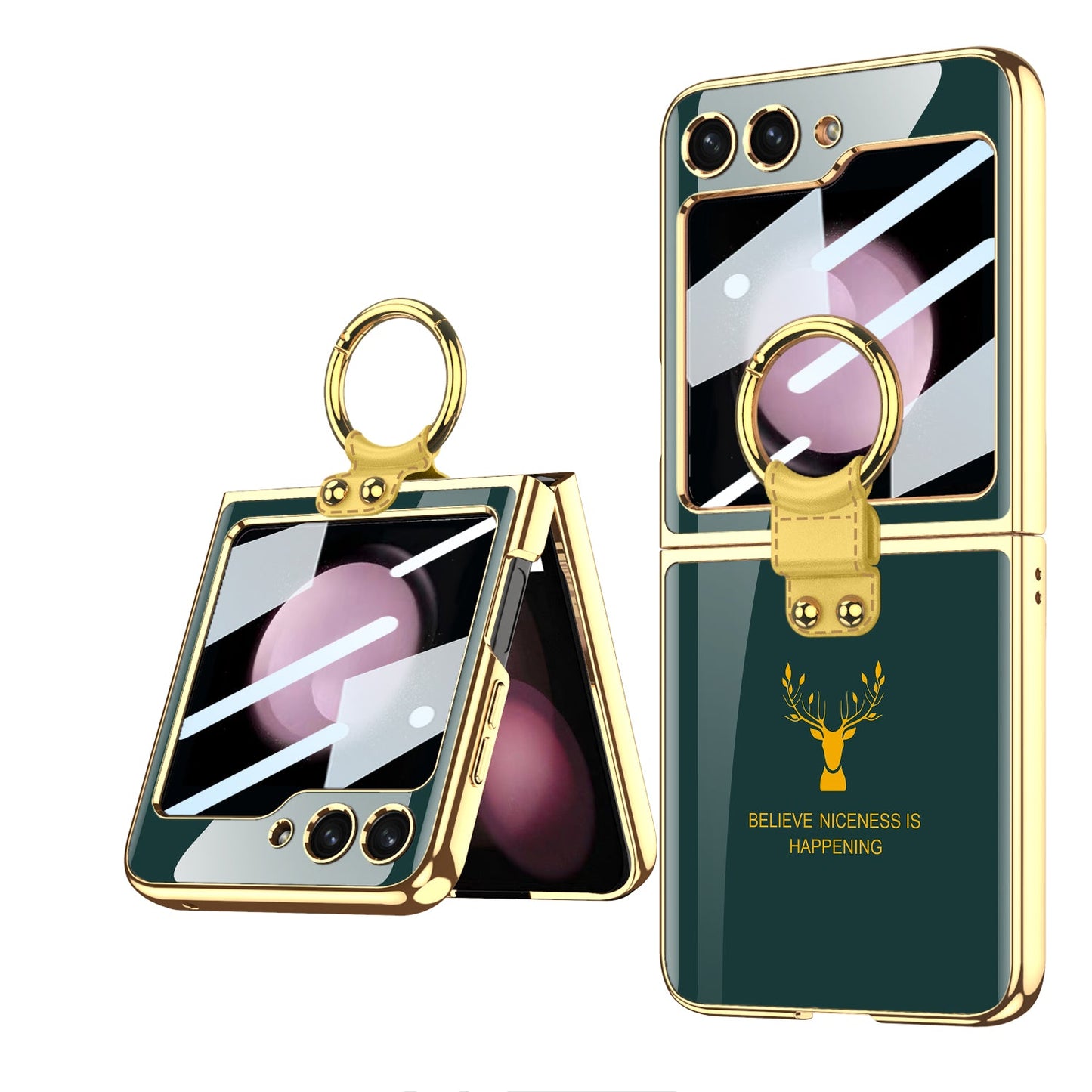 Electroplating Deer Pattern Ring Holder Drop-proof Phone Case With Back Screen Protector For Samsung Galaxy Z Flip5