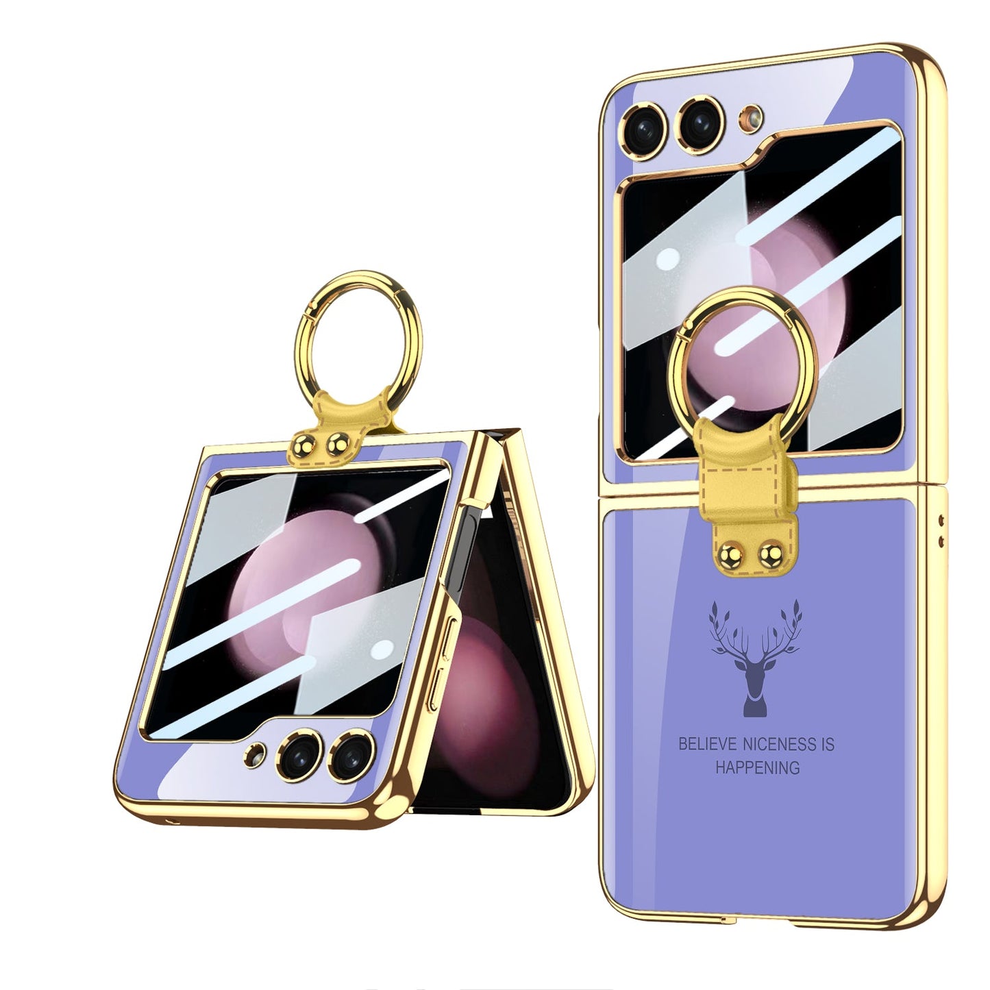 Electroplating Deer Pattern Ring Holder Drop-proof Phone Case With Back Screen Protector For Samsung Galaxy Z Flip5