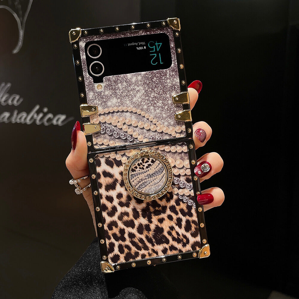 Leopard Pearl Shiny Ring Phone Case for Samsung Galaxy Z Flip4 Flip3 - GiftJupiter