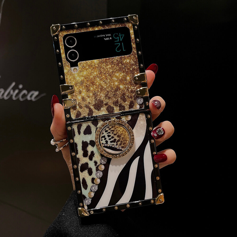 Leopard Pearl Shiny Ring Phone Case for Samsung Galaxy Z Flip4 Flip3 - GiftJupiter