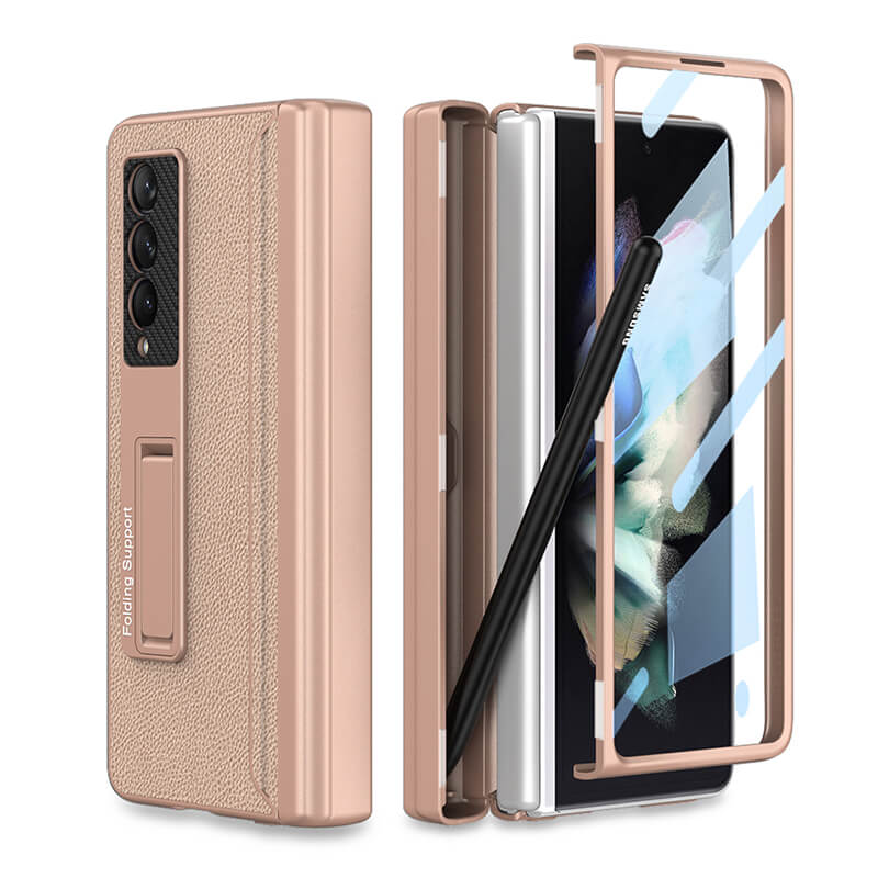 Magnetic Leather Frame Stand All-included Screen Glass Film Case With Hidden S Pen Slot For Samsung Galaxy Z Fold4 Fold3 5G - GiftJupiter
