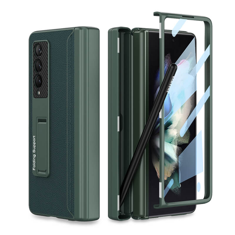 Magnetic Leather Frame Stand All-included Screen Glass Film Case With Hidden S Pen Slot For Samsung Galaxy Z Fold4 Fold3 5G - GiftJupiter