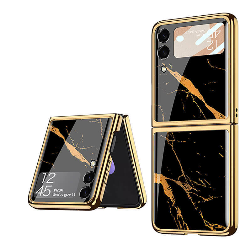 Marble Luxury Plating Frame Anti-knock Protection Glass Case For Samsung Galaxy Z Flip3 Flip4 - GiftJupiter