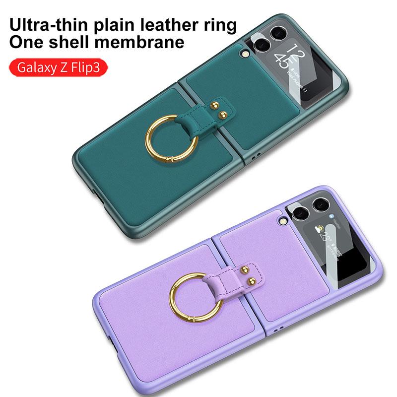 Original Leather Back Screen Tempered Glass Hard Frame Cover For Samsung Z Flip4 Flip3 5G - GiftJupiter