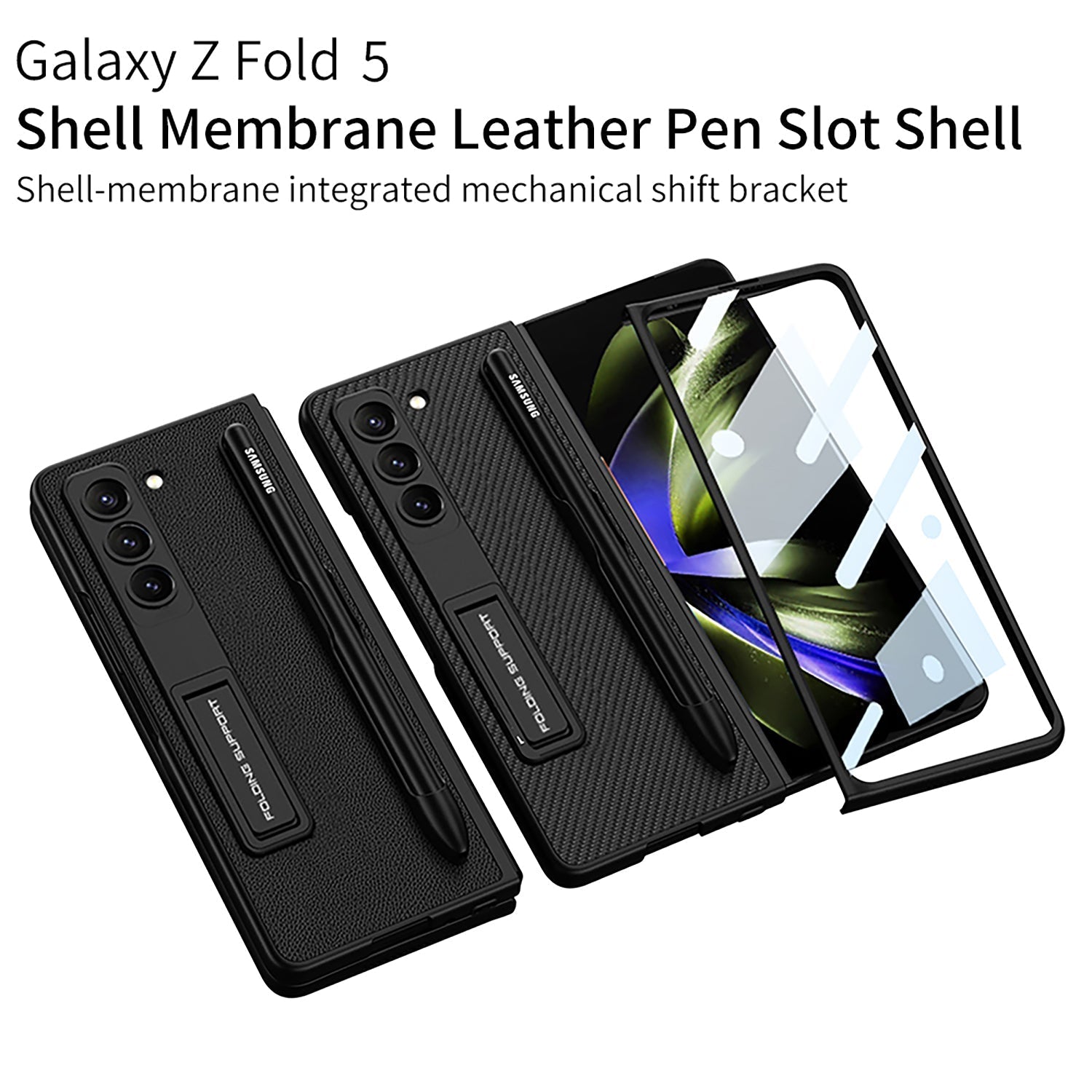 Slim Leather Samsung Galaxy Z Fold 5 Case with Front Screen Tempered Glass Protector & Pen Slot & Stylus - mycasety2023 Mycasety